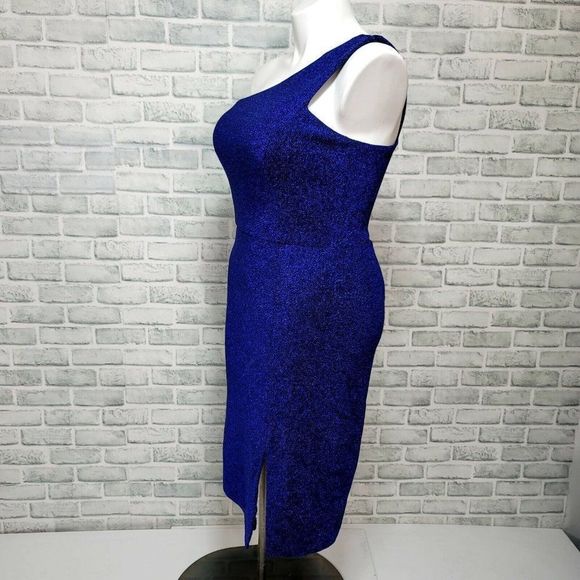 Vince Camuto 12 Blue Shimmery One Shoulder Sheath Cocktail Event Dress Side Slit - Picture 4 of 8